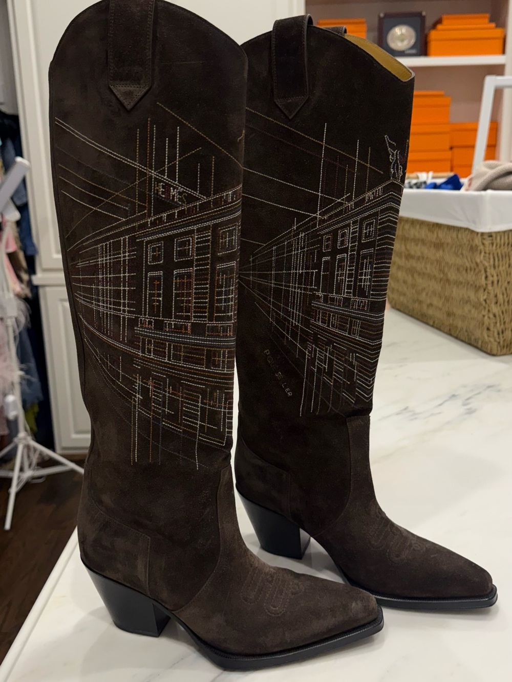 Hermes Brown Suede Cowboy Boots with Architectural Stitching